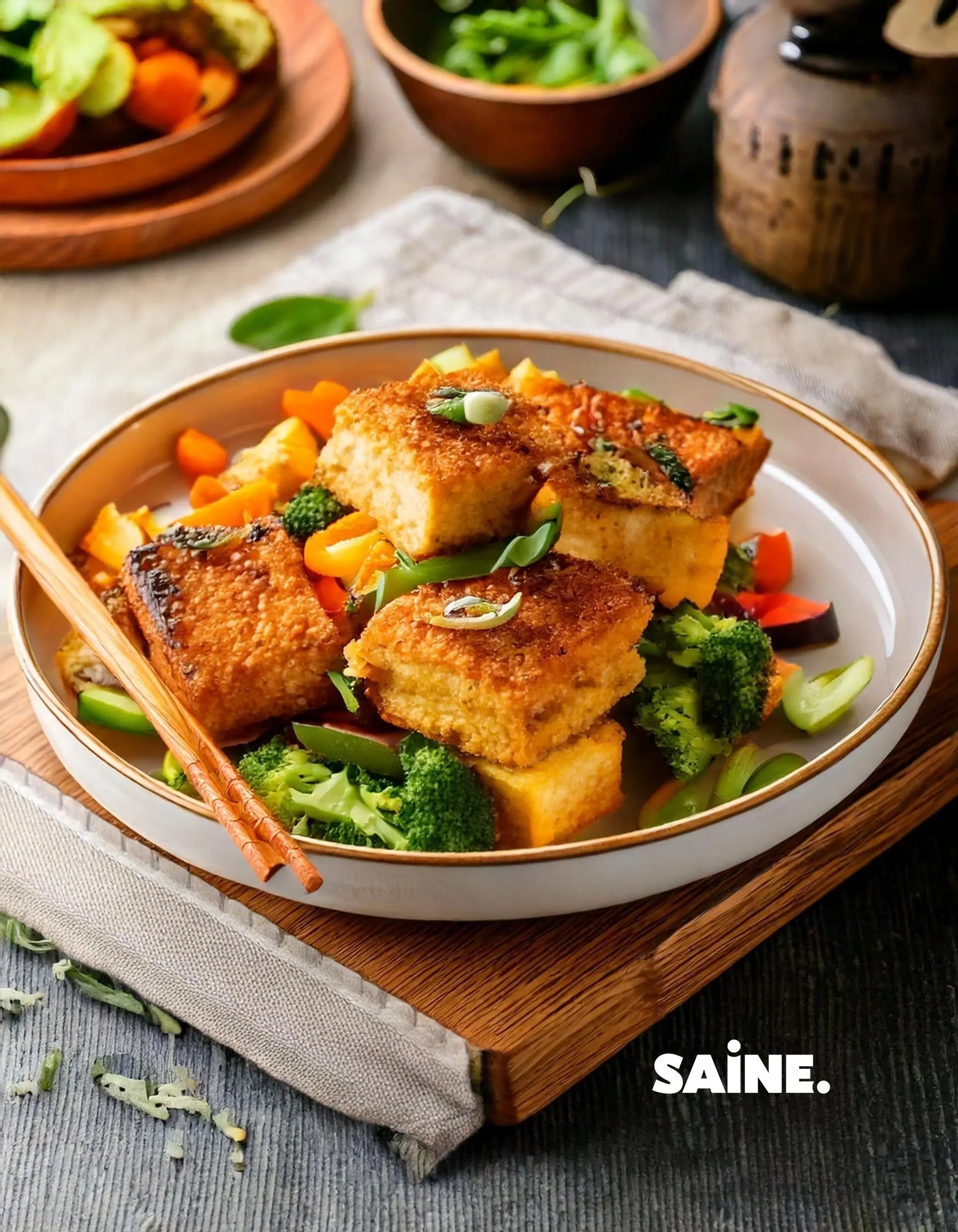 Recette-végétarienne-Tofu-croustillant-et-légumes-croquants-faciles-à-préparer SAINE.