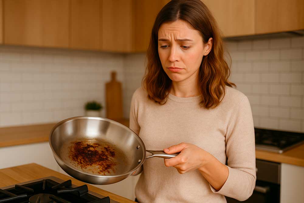 personne qui regarde le fond de sa poêle inox deçue car le fond de celle-ci est brûlée