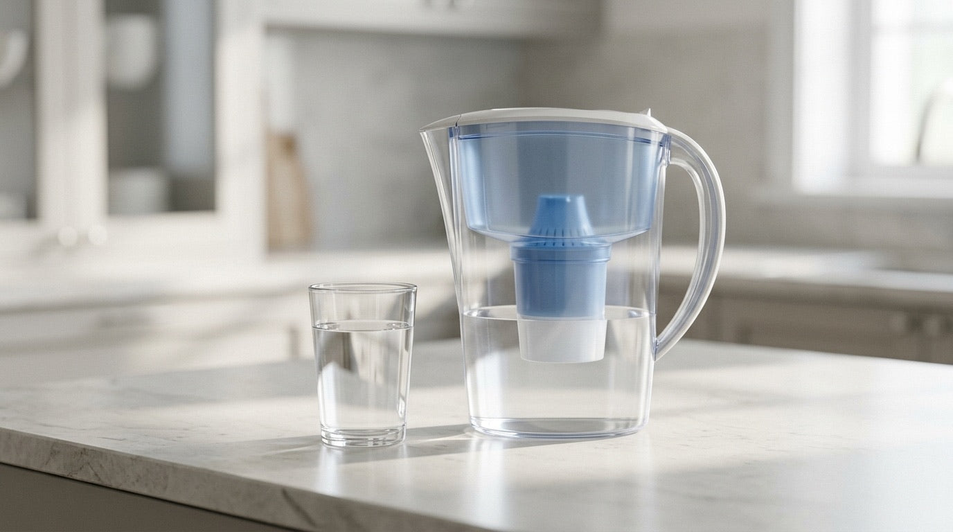 Carafe filtrante posée sur un plan de travail pour purifier l'eau du robinet