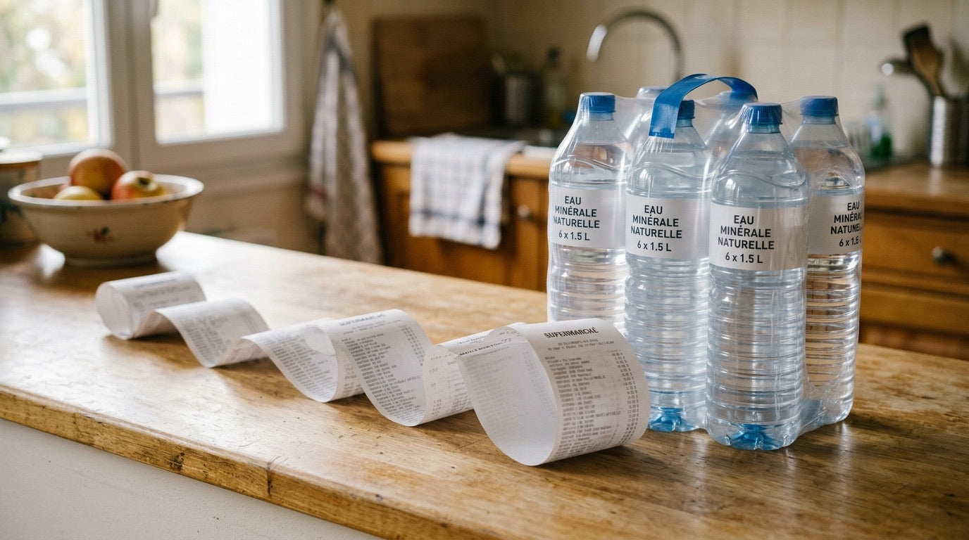 Ticket de caisse révélant le coût annuel des bouteilles d'eau en plastique