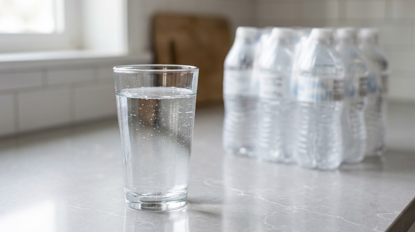 Verre d'eau filtrée au robinet comparé à des bouteilles en plastique
