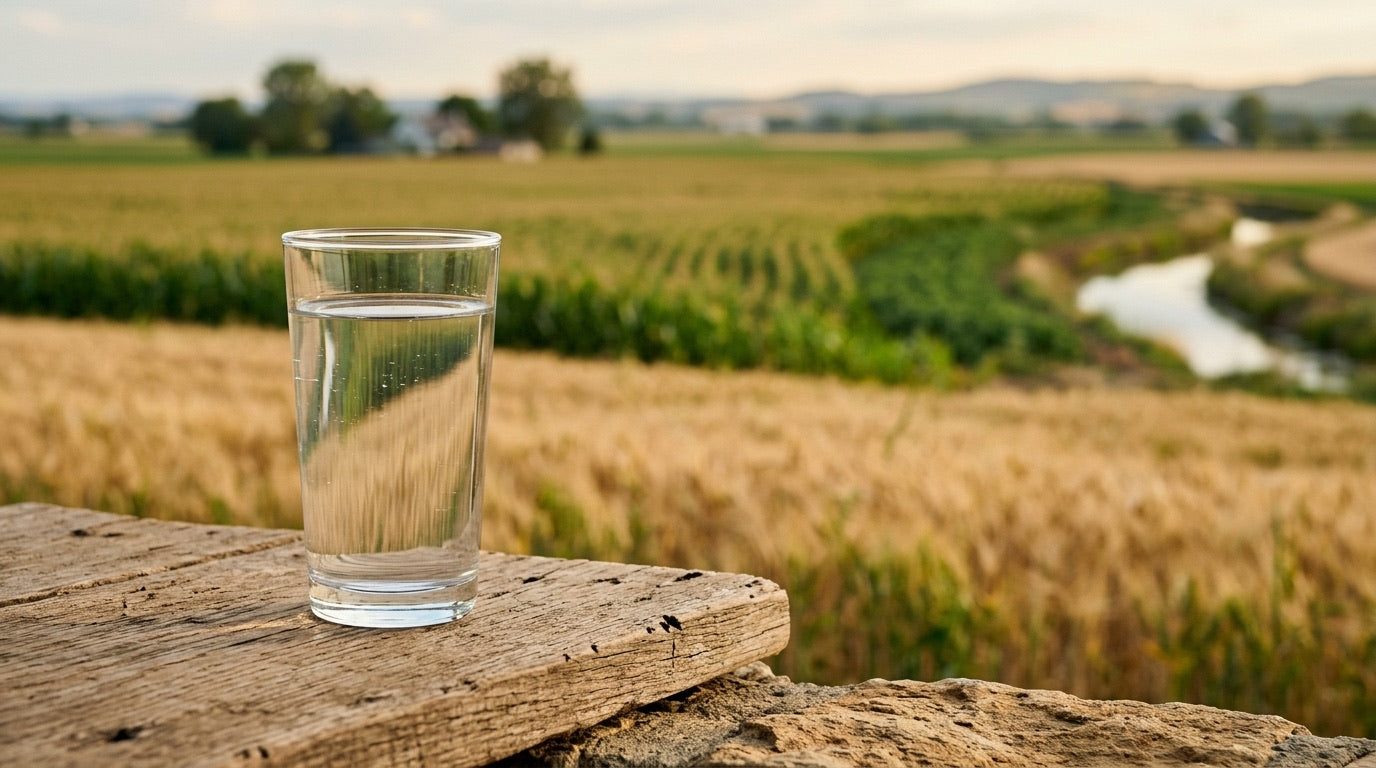Champ agricole avec eau d'irrigation, source de nitrates dans l'eau du robinet
