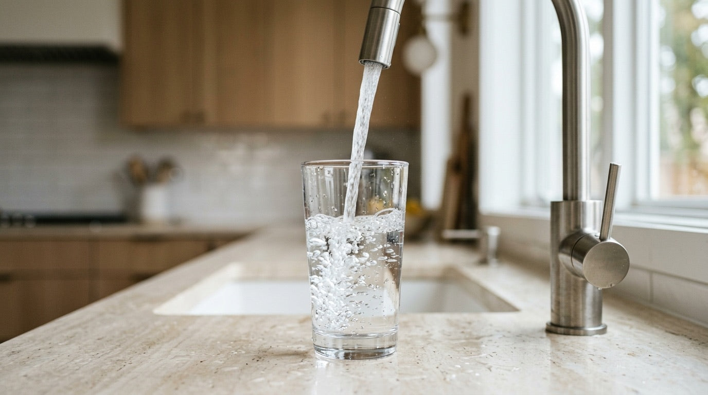 Verre d'eau du robinet rempli dans une cuisine moderne