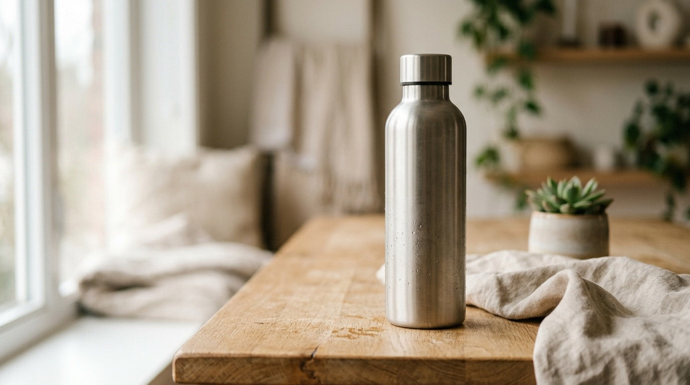 Gourde inox remplie d'eau filtrée pour zéro déchet plastique
