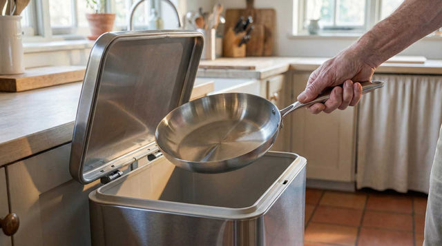 une personne jette une poele en inox dans une poubelle