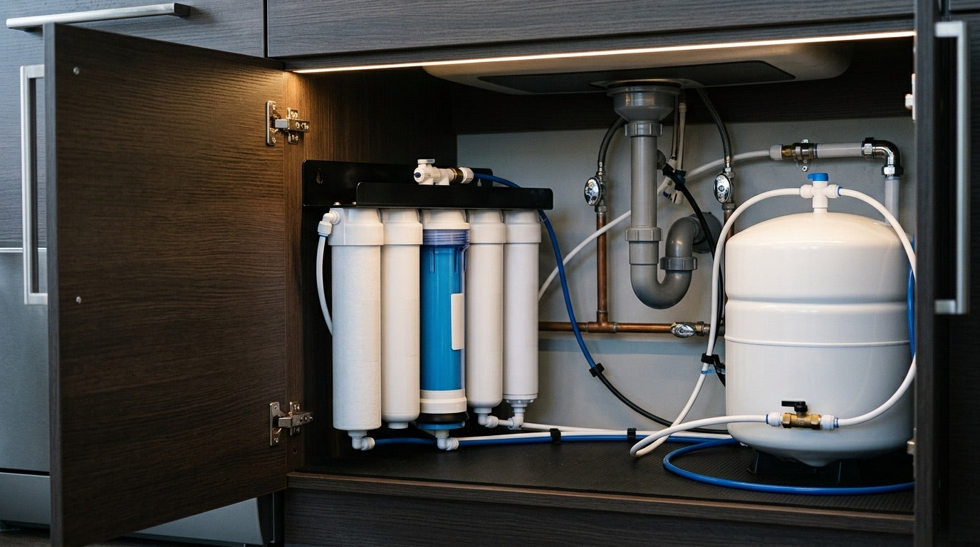 Osmoseur inverse installé sous l'évier avec réservoir et robinet dédié