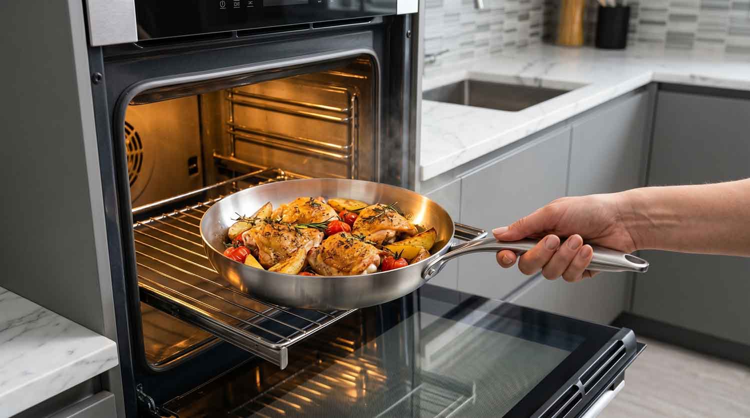 Poêle en inox SAINE placée dans un four domestique chaud, poignée inox rivetée visible