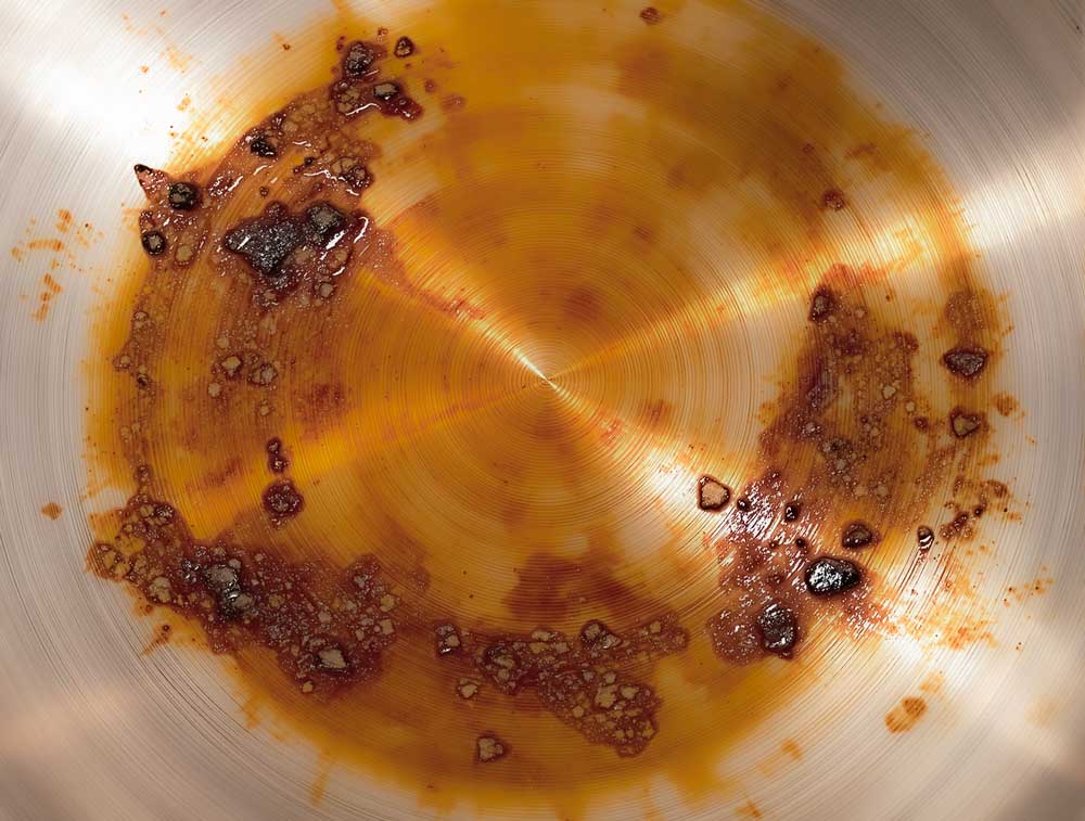 fond de poele en inox brulé