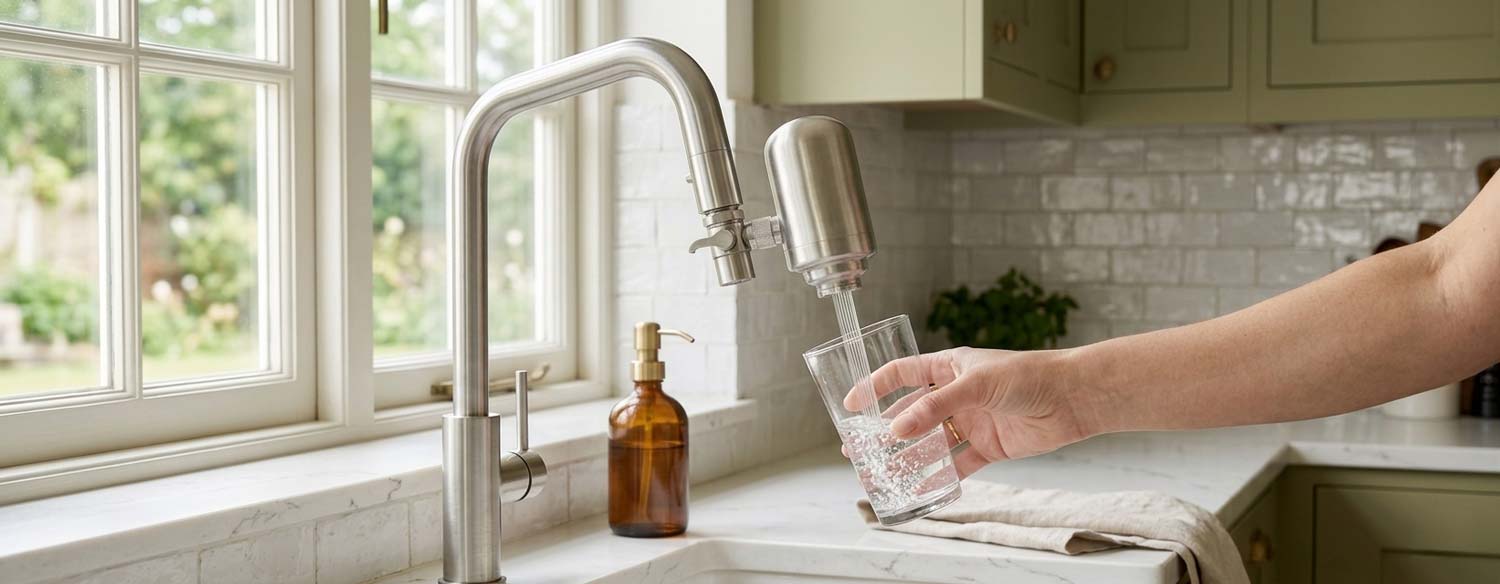 Filtre à eau robinet SAINE installé sur mitigeur inox, main remplissant un verre dans une cuisine lumineuse