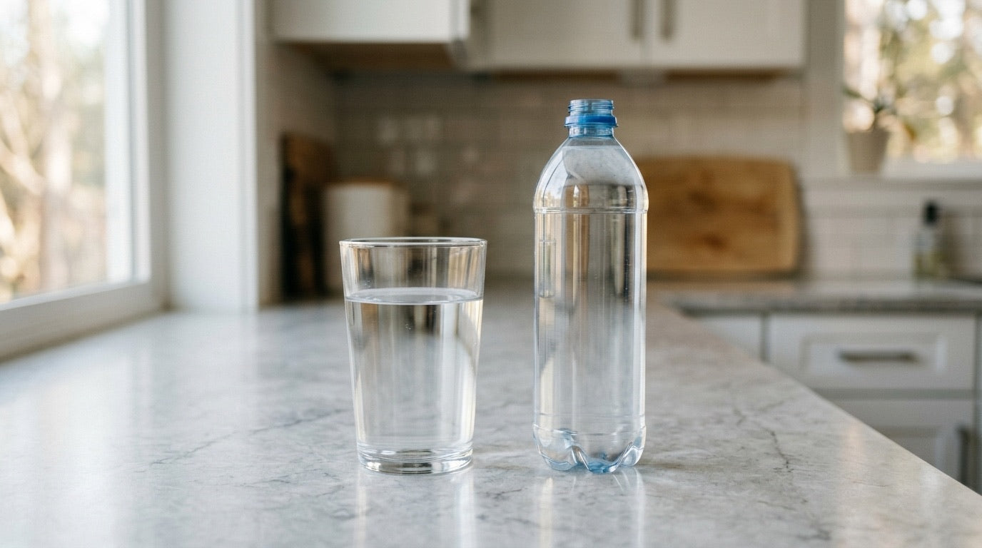 Verre d'eau posé à côté d'une bouteille en plastique à usage unique