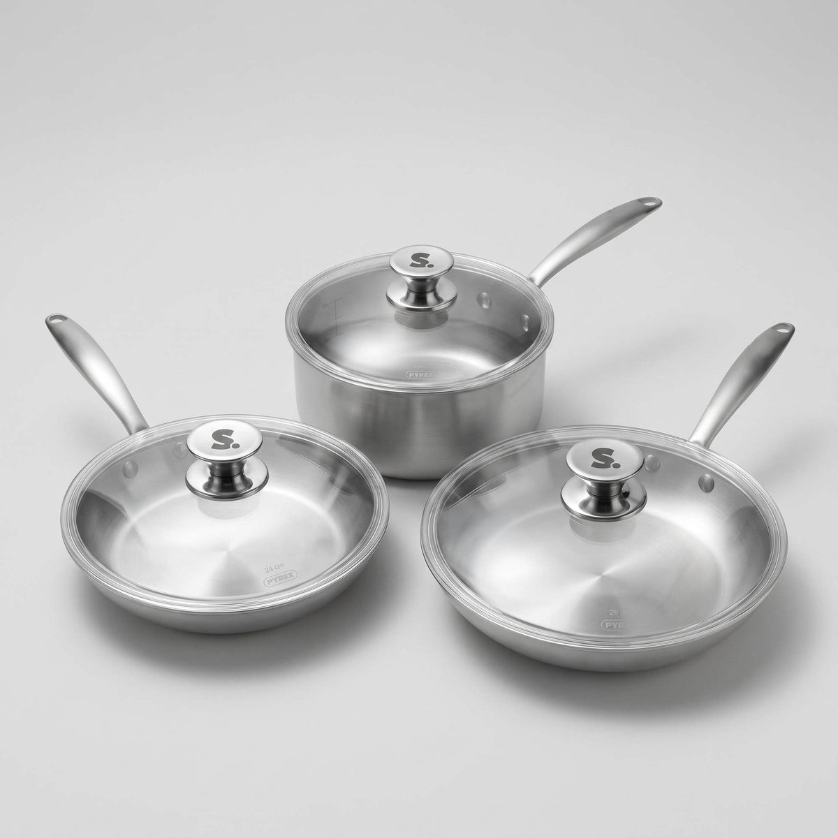 Batterie de cuisine inox 18/10 SAINE 3 pièces : 2 poêles et 1 casserole avec couvercles en verre Pyrex