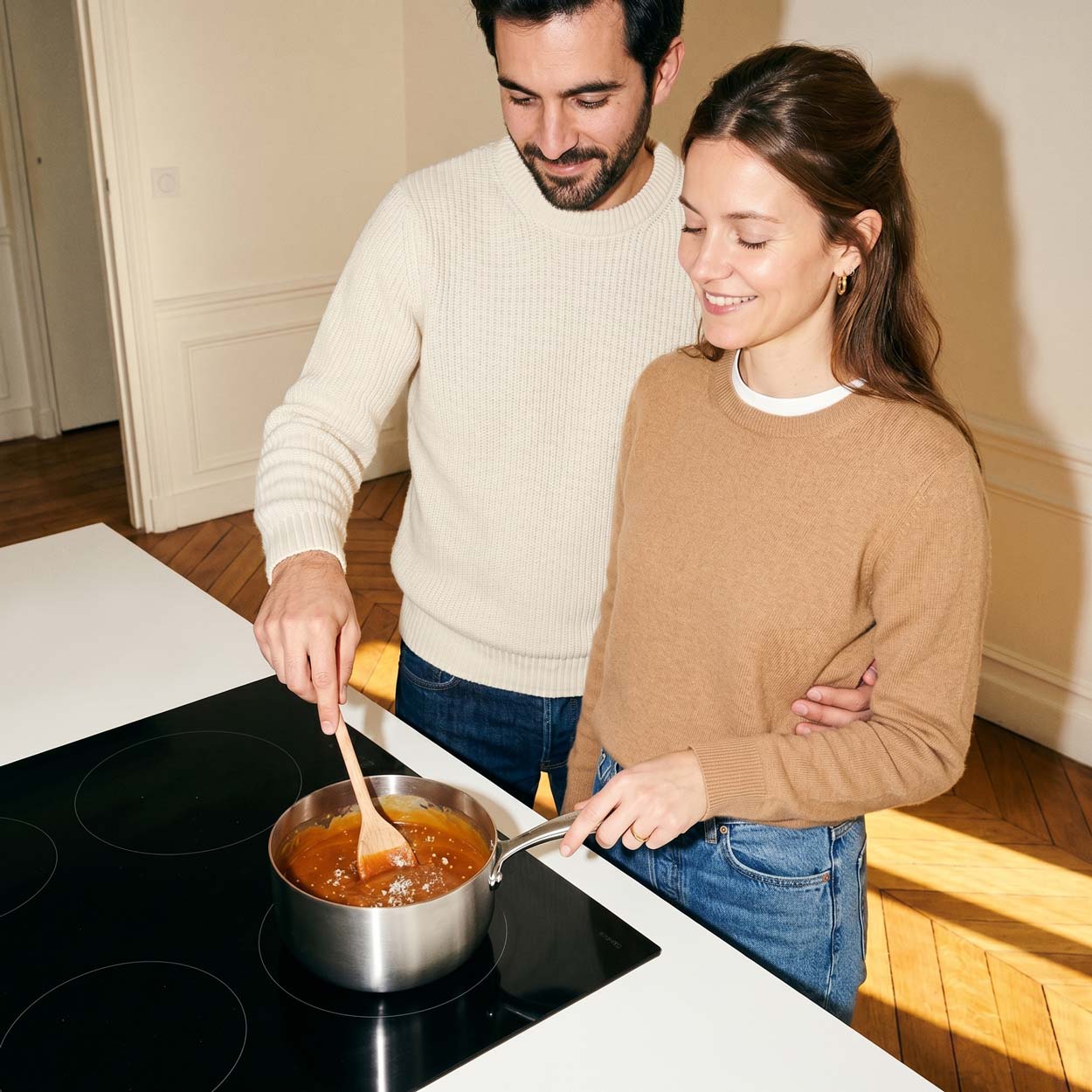 Couple complice qui prépare une sauce dans une casserole inox SAINE sur une plaque à induction, l'homme remue avec une spatule en bois
