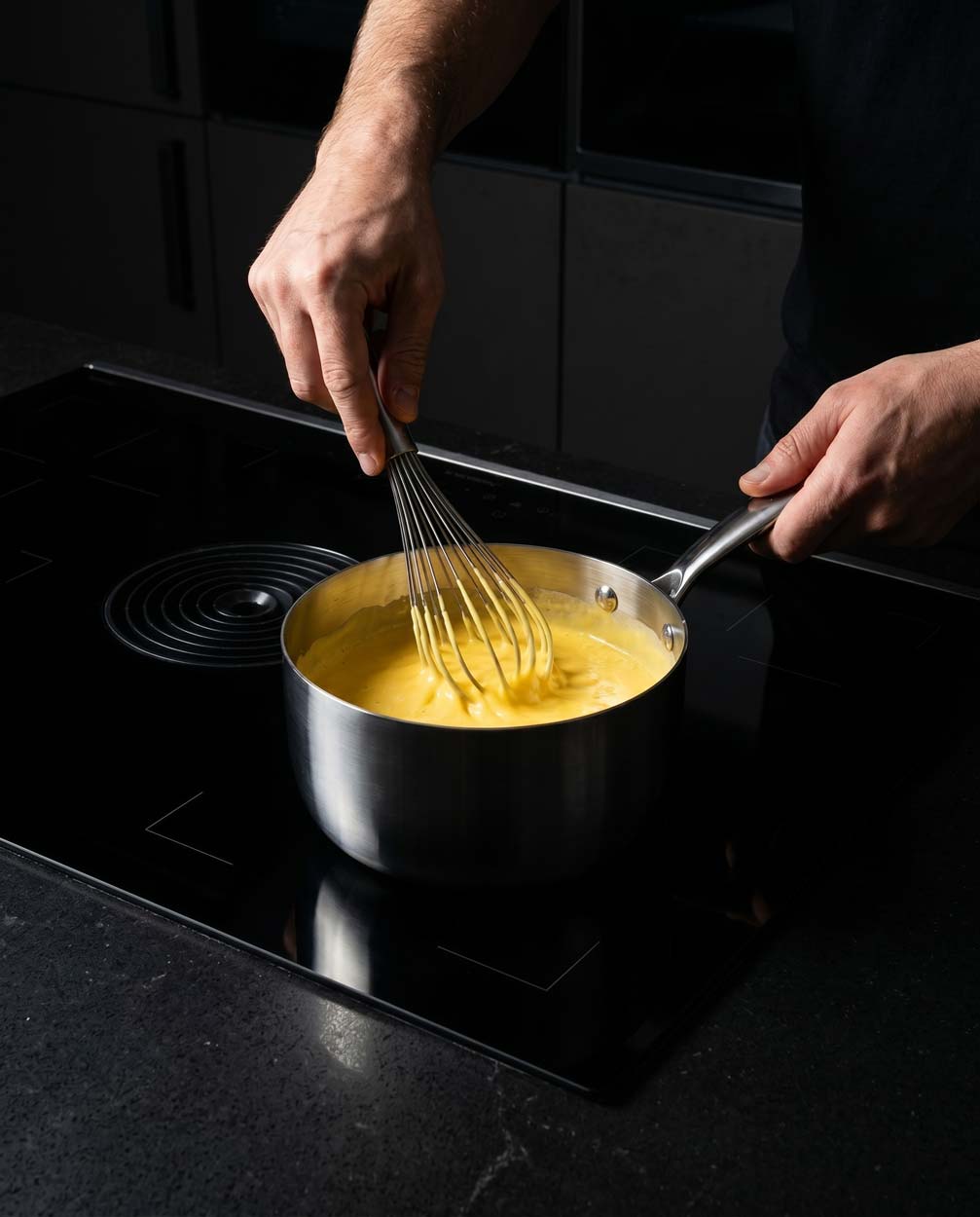 Mains fouettant une sauce hollandaise crémeuse et onctueuse dans une casserole inox SAINE sur une plaque à induction