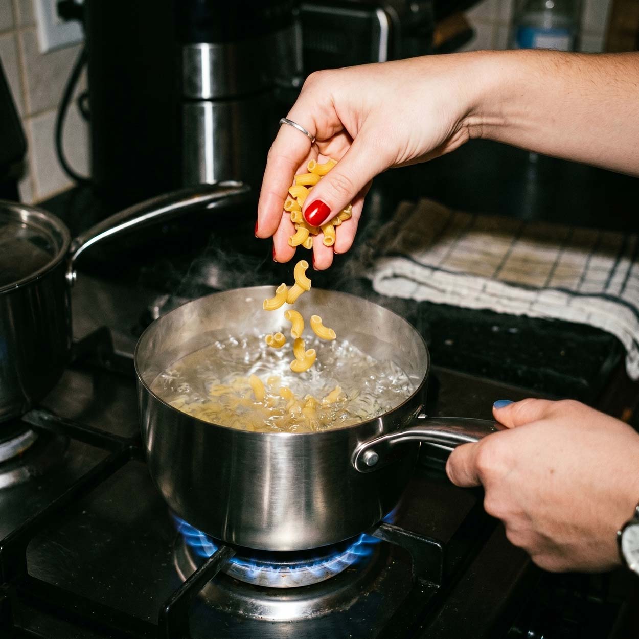 Main féminine versant des macaronis dans une casserole inox SAINE avec de l'eau bouillante sur feu de gaz vif