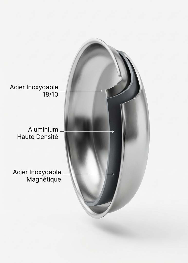Schéma en coupe du fond tri-ply d'une poêle SAINE : acier inoxydable 18/10, aluminium haute densité et acier inoxydable magnétique compatible induction