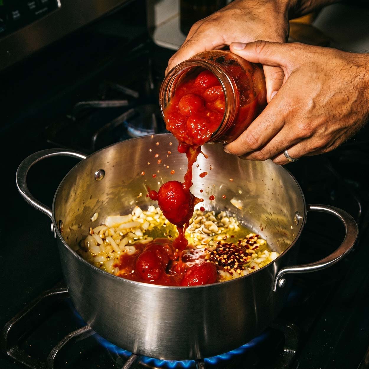 Mains qui versent une boîte de tomates pelées dans une marmite inox SAINE sur un feu de gaz, avec un splash de tomates spectaculaire