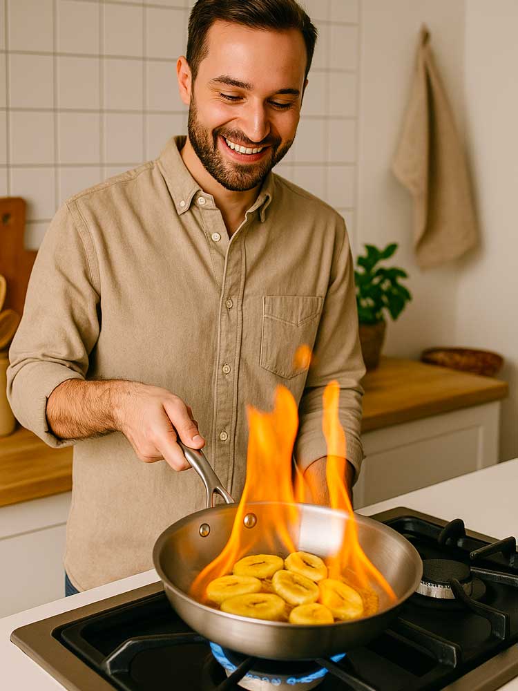 cuisson de bananes flambées dans une poêle inox saine