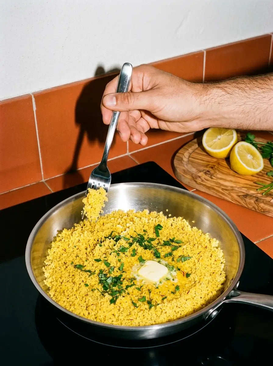 Semoule de couscous égrainée à la fourchette dans une poêle inox 26 cm SAINE