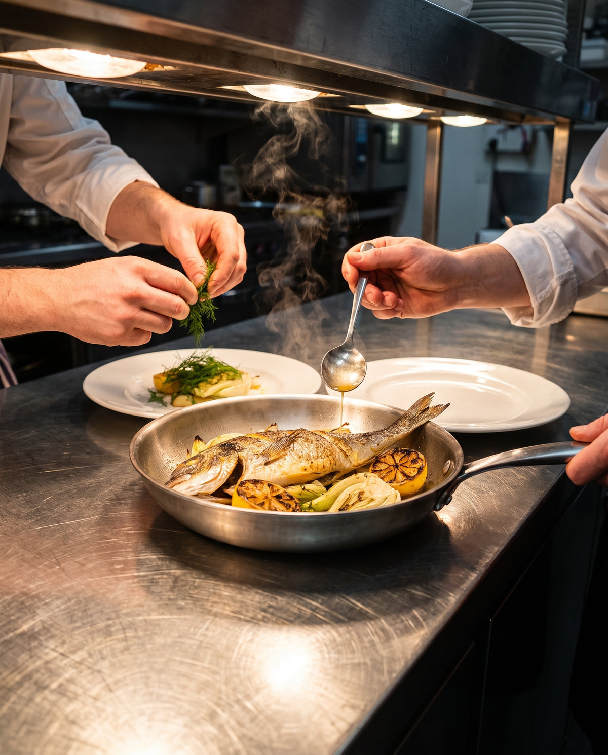 Brigade au passe : finition d'une dorade dans une poêle inox SAINE 24 cm en cuisine professionnelle