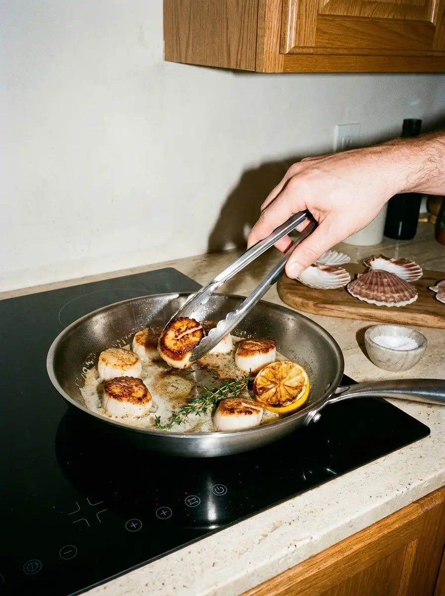 Noix de Saint-Jacques saisies dans une poêle inox 28 cm SAINE à induction
