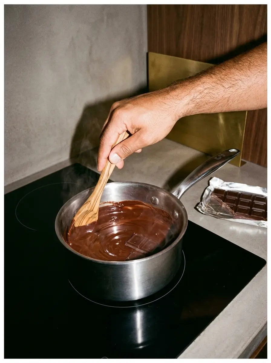 Chocolat fondu remué dans une casserole en inox 16 cm SAINE sans revêtement