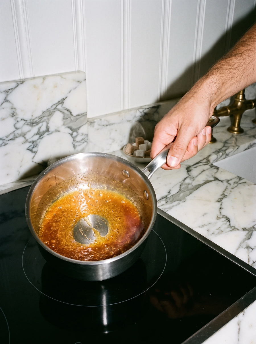 Caramel en cuisson dans une casserole en inox 16 cm SAINE à fond tri-pli