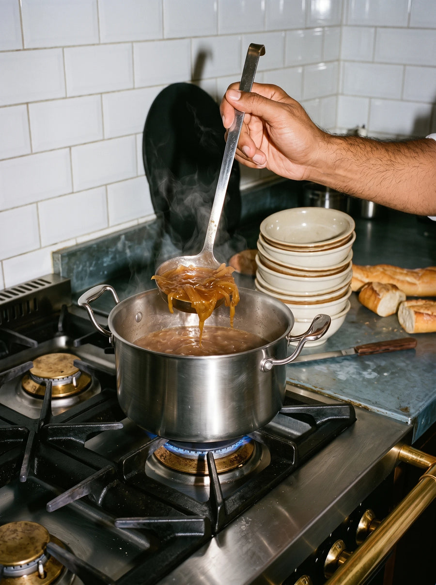 Soupe à l'oignon puisée à la louche dans une marmite inox 20 cm SAINE