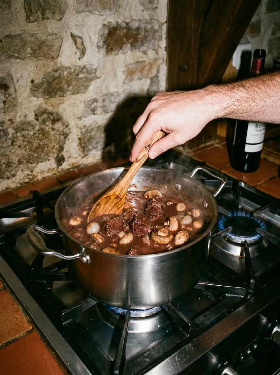 Bœuf bourguignon remué à la cuillère en bois dans une marmite inox 24 cm SAINE