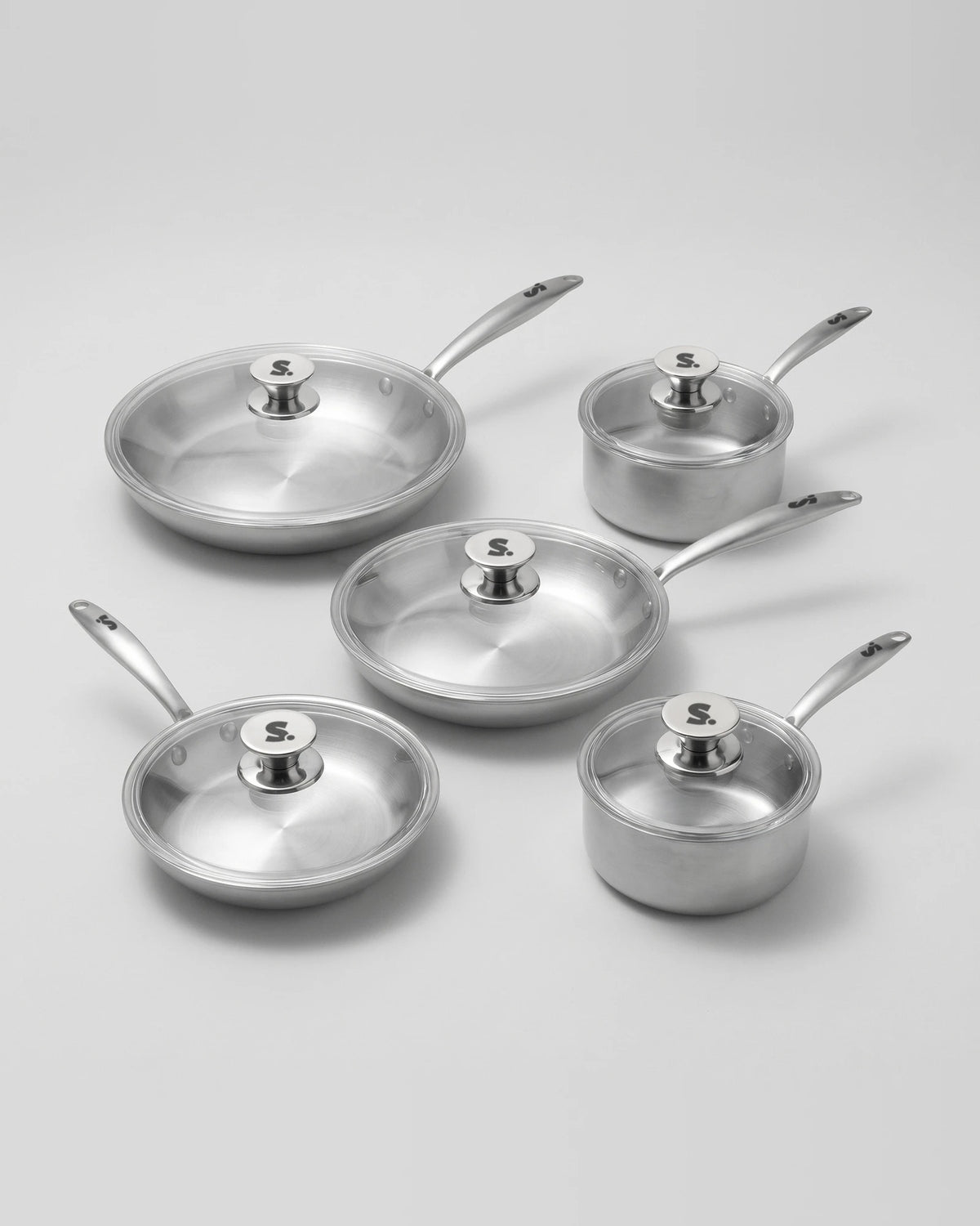 Batterie de cuisine inox 18/10 SAINE 5 pièces : 3 poêles et 2 casseroles avec couvercles en verre