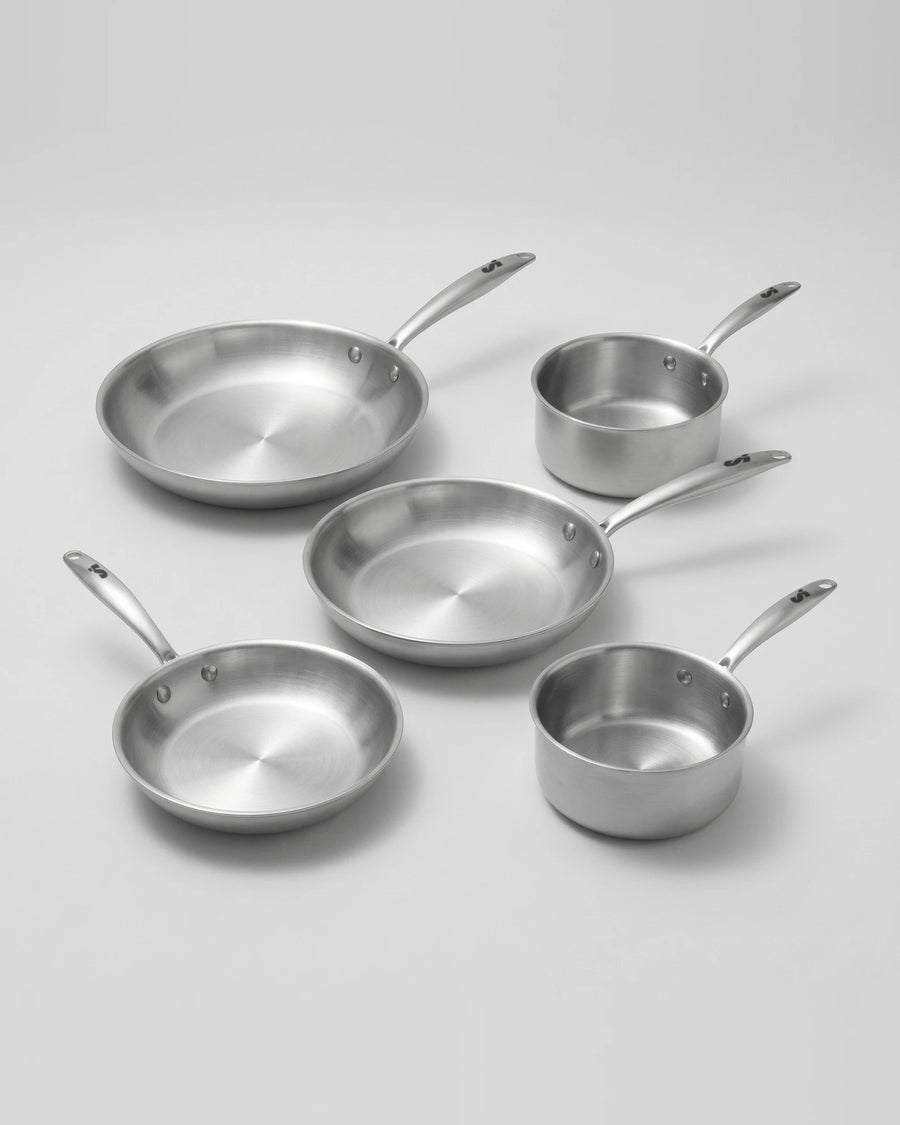 Batterie de cuisine inox 18/10 SAINE 5 pièces sans couvercles : 3 poêles et 2 casseroles