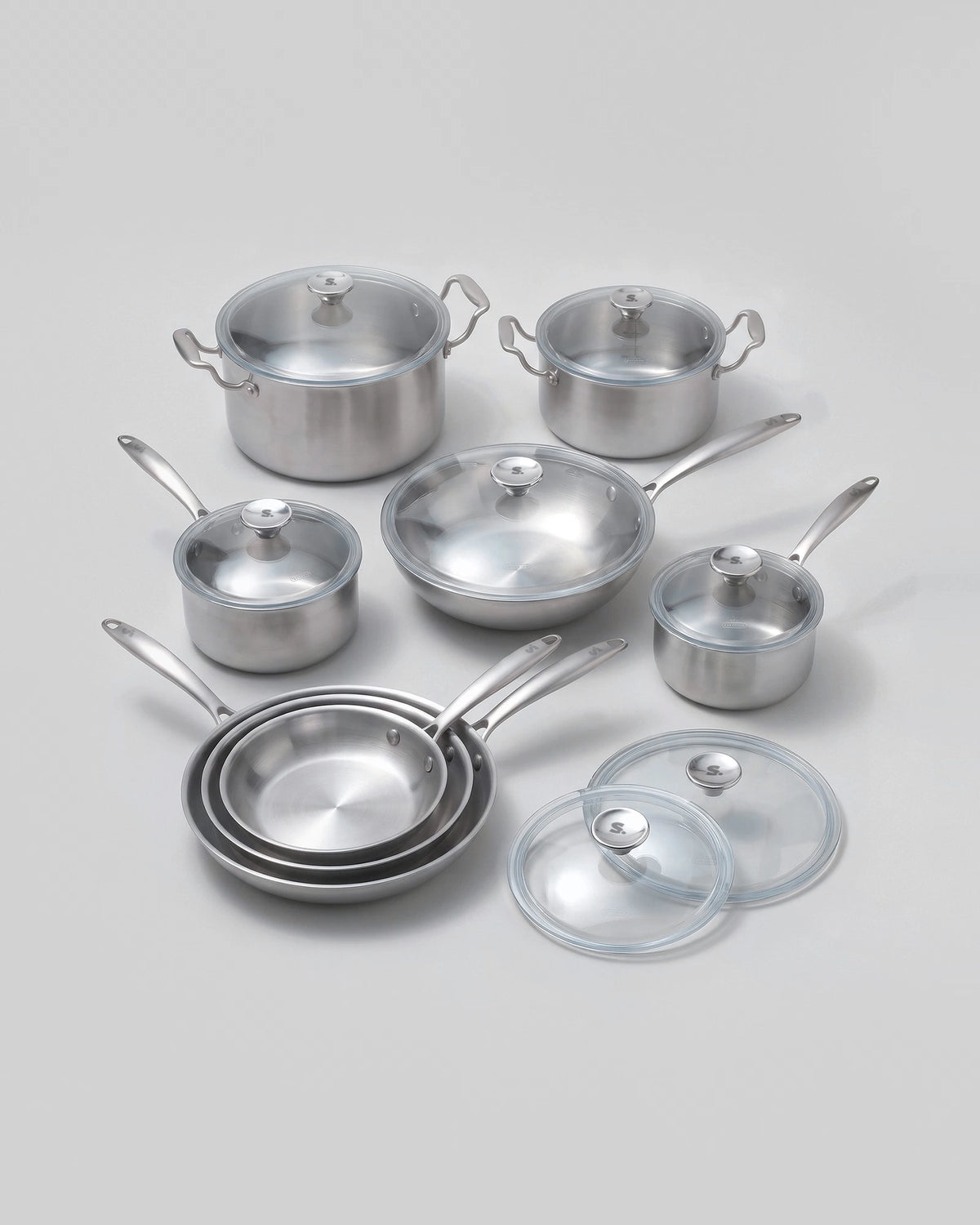 Batterie de cuisine inox complète 9 pièces SAINE : poêles, wok, casseroles, marmites et couvercles en verre