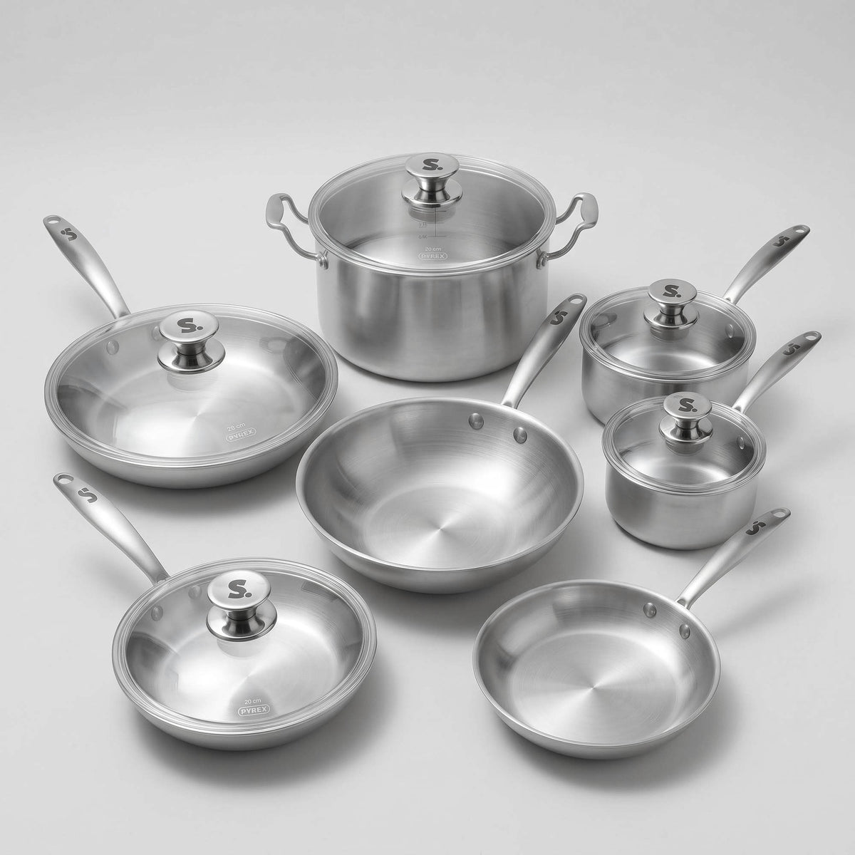 Batterie de cuisine inox 18/10 SAINE 7 pièces avec couvercles en verre, compatible induction