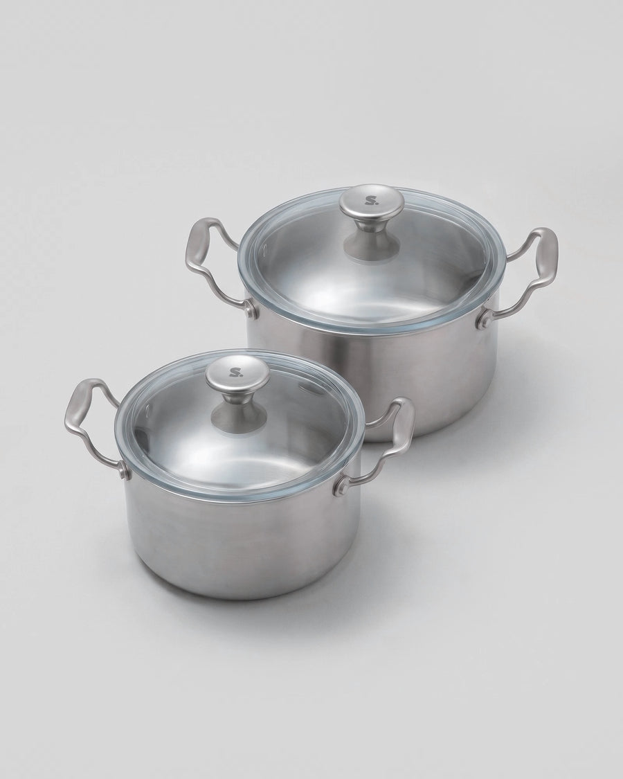 Duo de marmites inox SAINE 20 et 24 cm avec couvercles en verre Pyrex, fabriquées en France