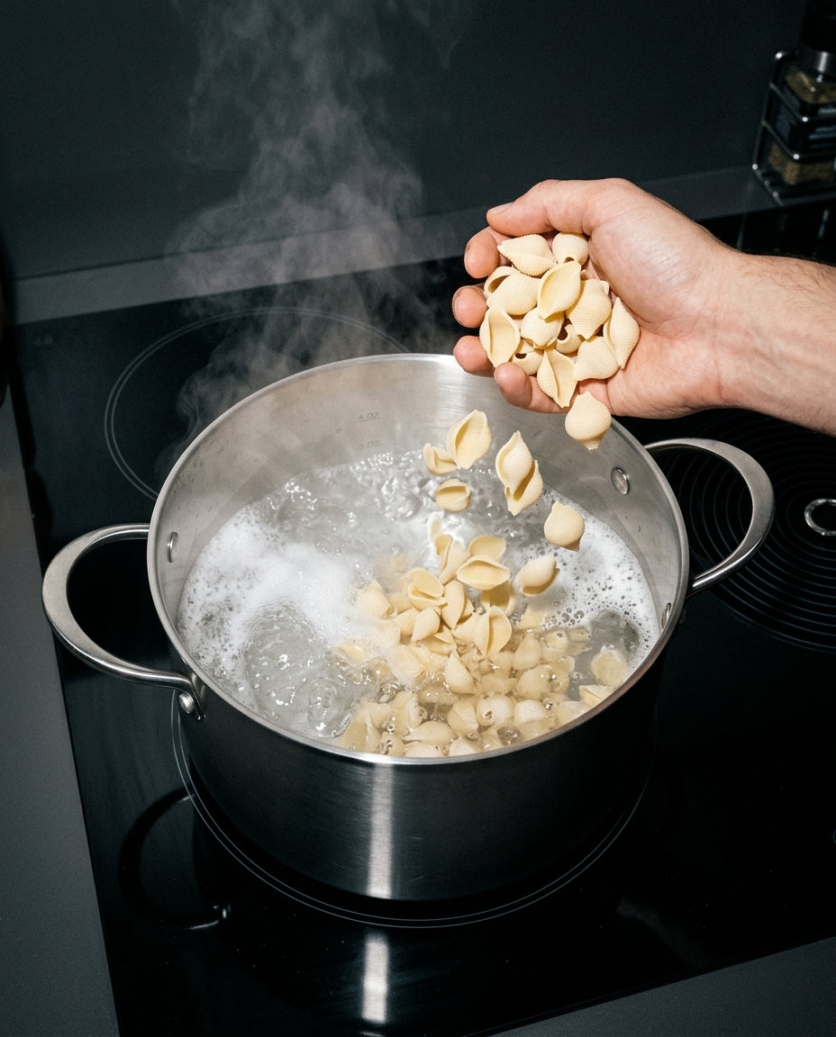 Main versant des coquillettes dans une marmite inox SAINE pleine d'eau bouillante et fumante sur une plaque à induction, vue en plongée