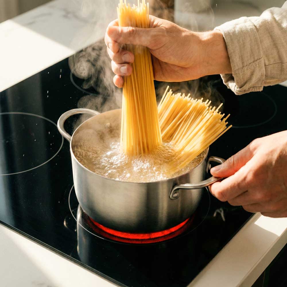 des spaghettis sont plongées dans de l'eau bouillante dans une petite marmite en acier inoxydable