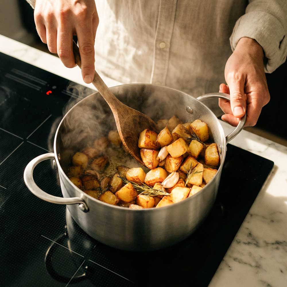 cuisson de pommes de terres dans une grande marmite en acier inoxydable