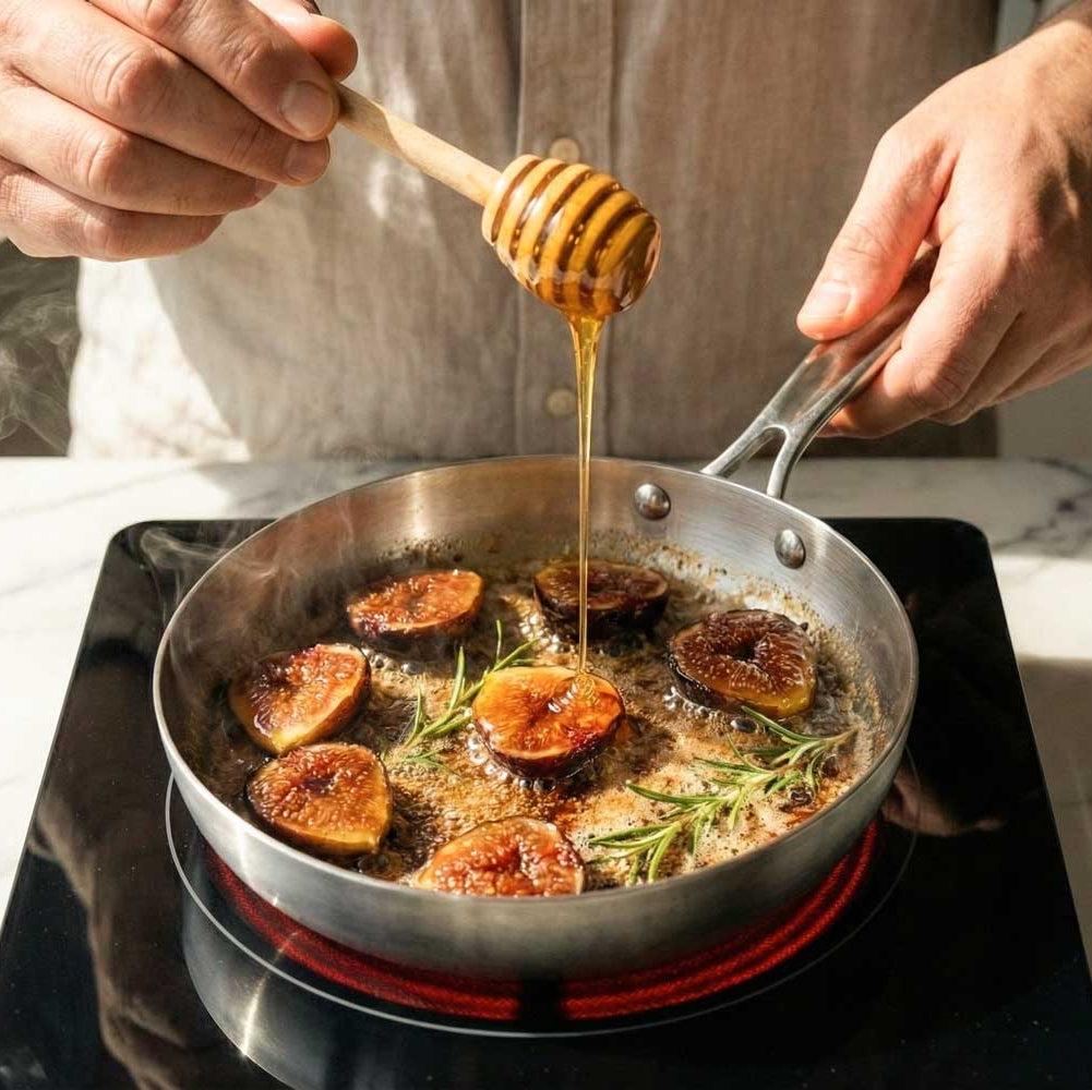 des figues sont en train de cuire dans une poêle inox de 22cm
