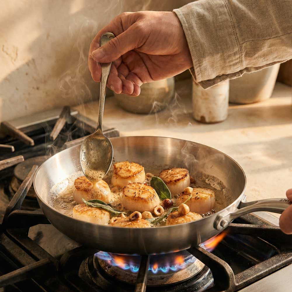 cuisson de saint Jaques dans une poêle en inox
