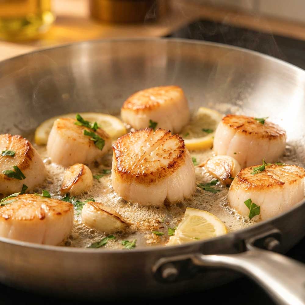 gros plan sur le cuisson de saint-jaques dans une poele en acier inoxydable