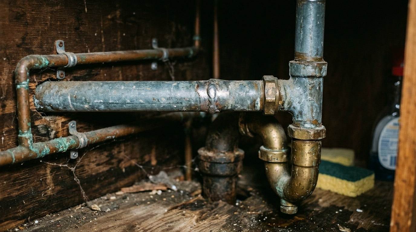 Canalisation en plomb ancienne sous évier de cuisine