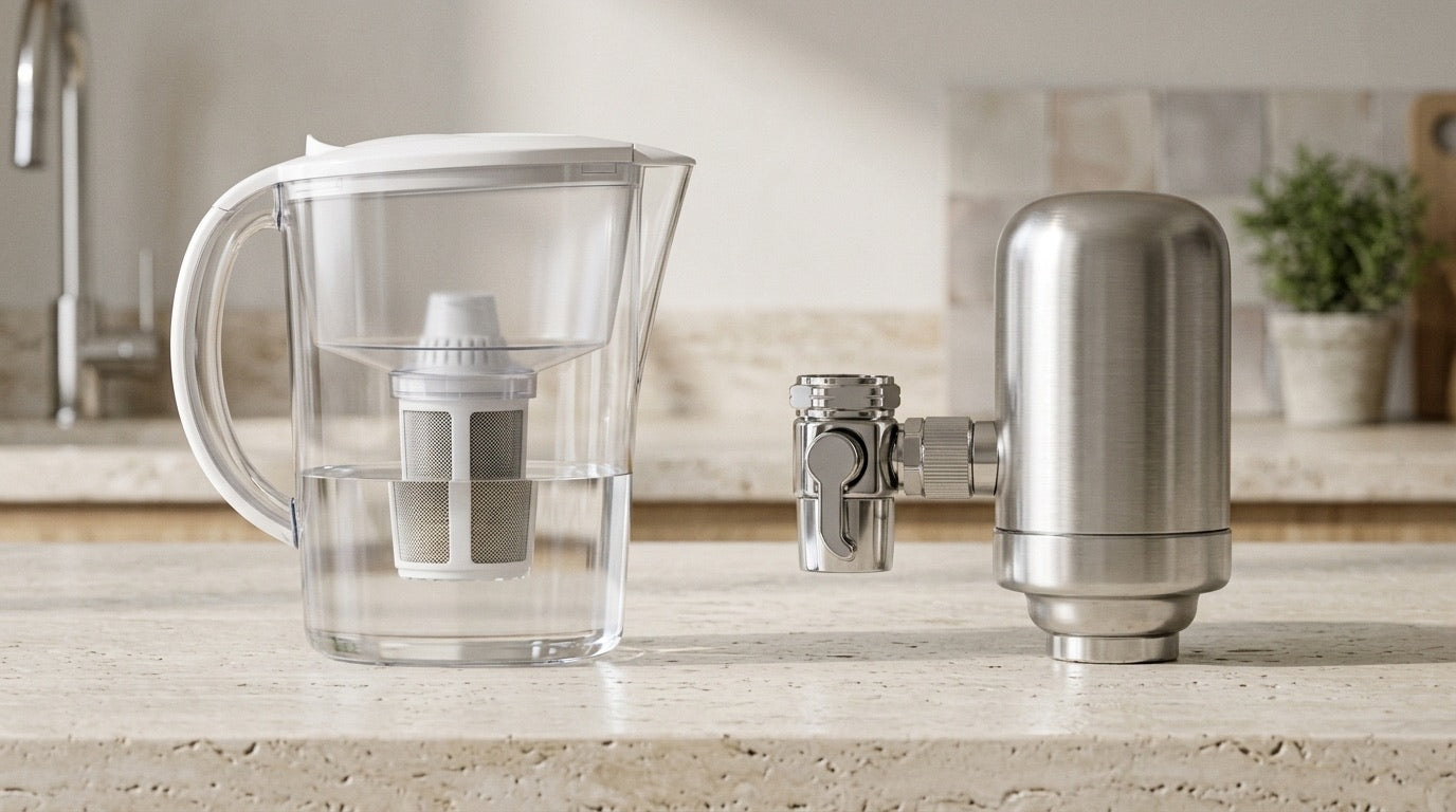 Comparaison entre une carafe filtrante et un filtre robinet inox SAINE