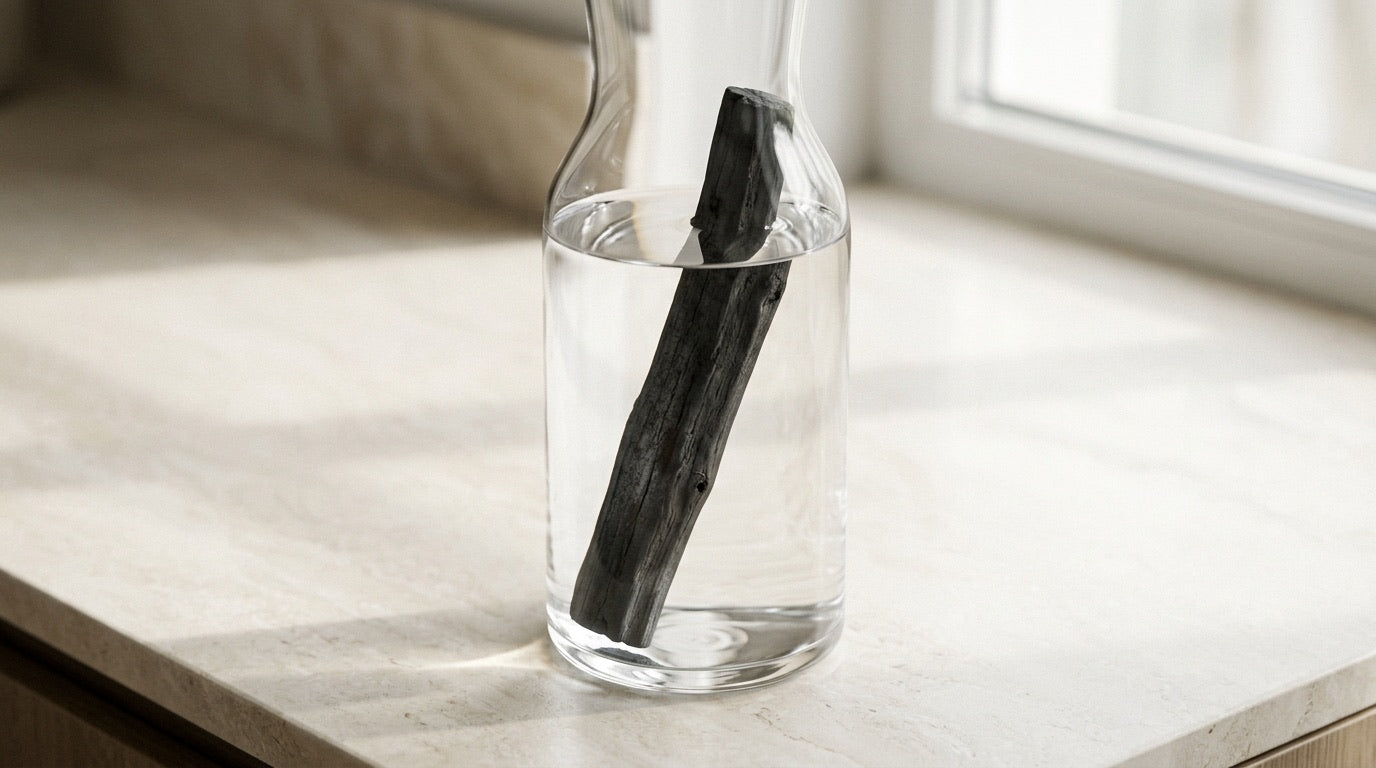 Bâtons de charbon binchotan dans une carafe d'eau en verre