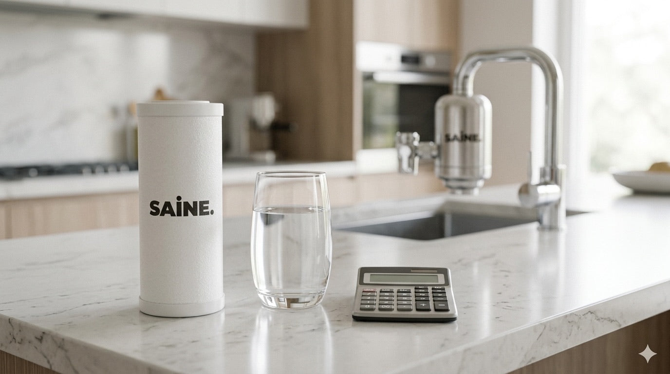Calculatrice posée à côté d'une cartouche pour calculer le coût de l'eau filtrée