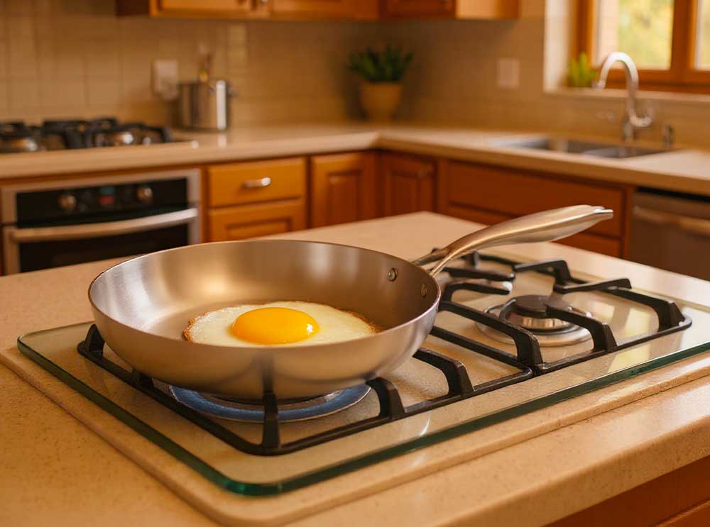 cuisson d'un oeuf au plat dans une poele en inox