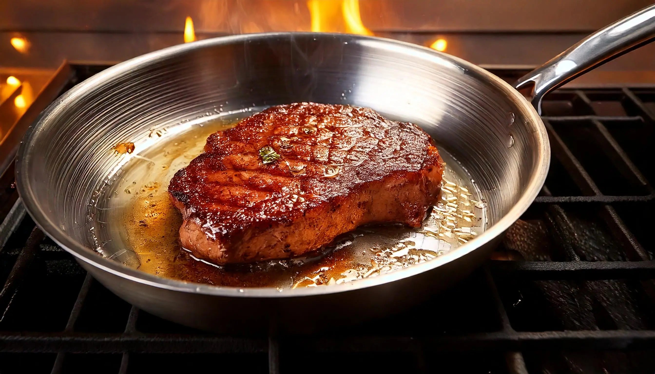 Steak en train de cuire dans une poele en inox