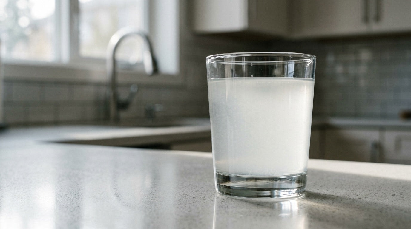 Verre d'eau du robinet trouble et blanche laiteuse dû à l'air dissous