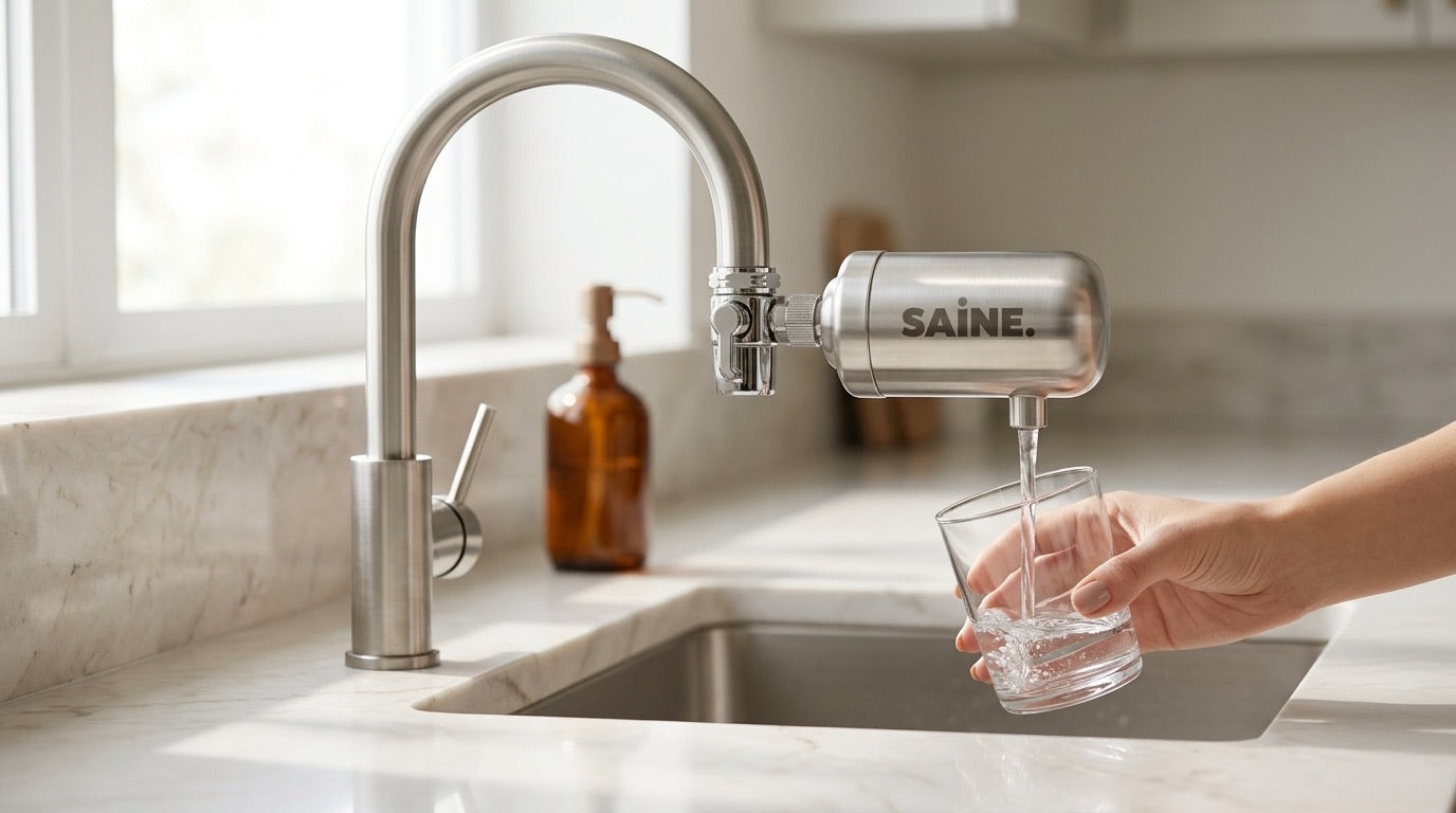 Filtre à eau robinet en inox SAINE installé sur un mitigeur de cuisine