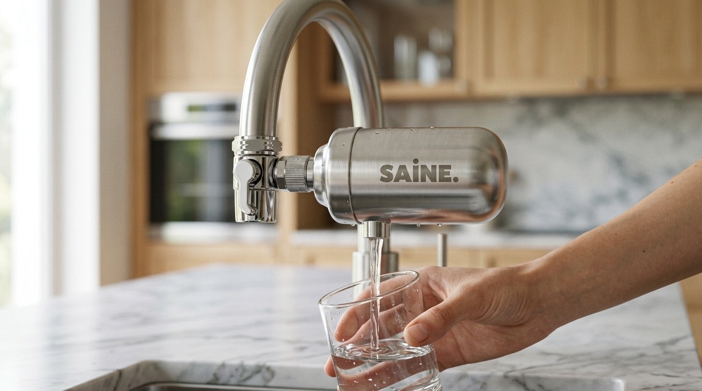 Filtre robinet inox SAINE en cours d'utilisation pour remplir un verre
