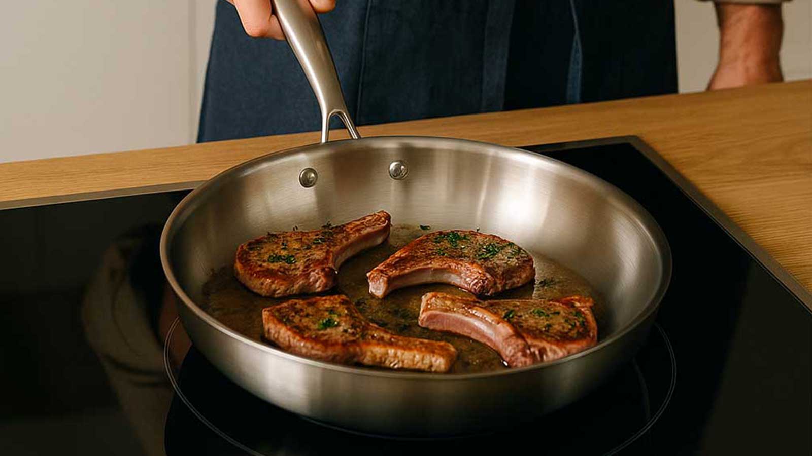 cuisson d'une viande avec réaction de maillard dans une poêle inox
