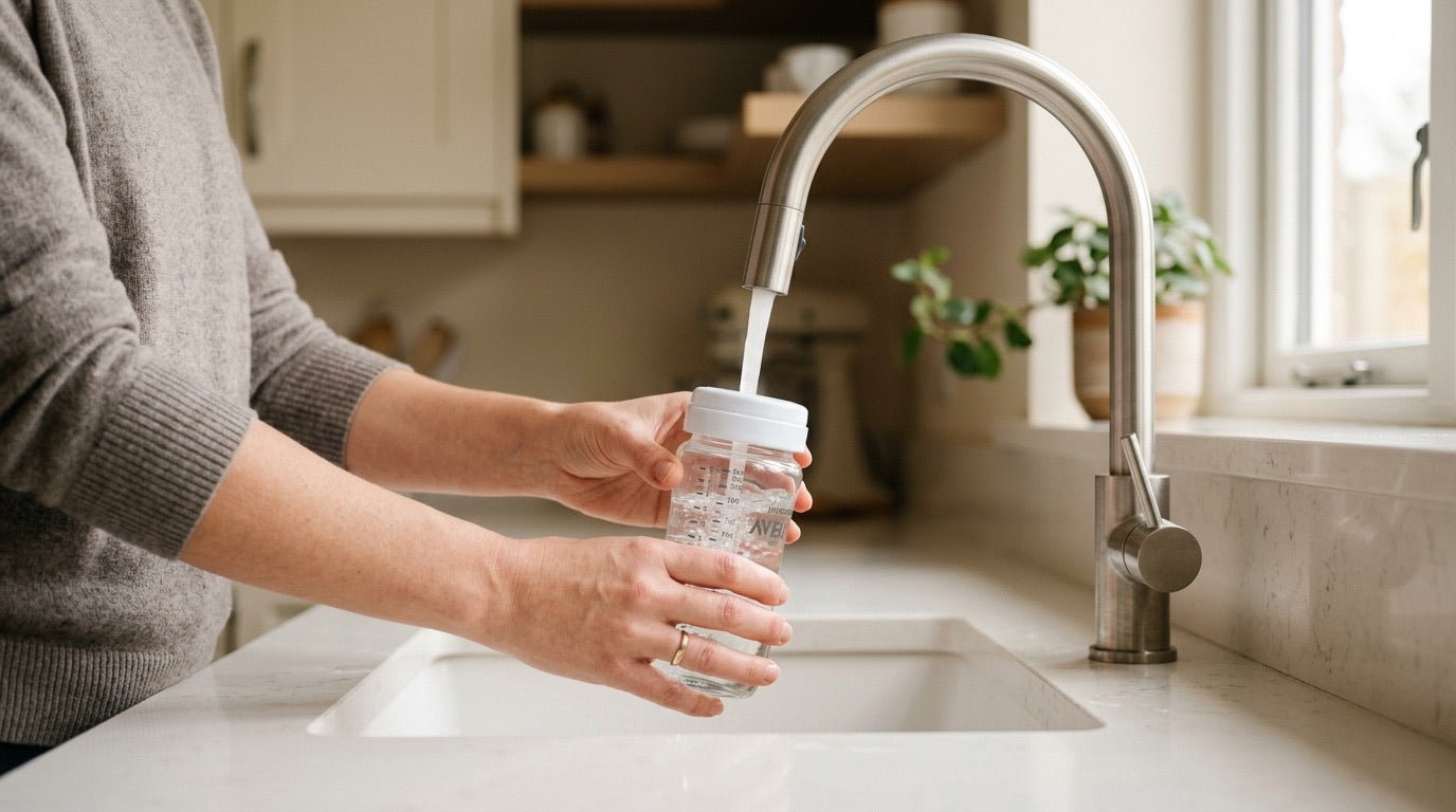 Préparation d'un biberon avec de l'eau du robinet filtrée